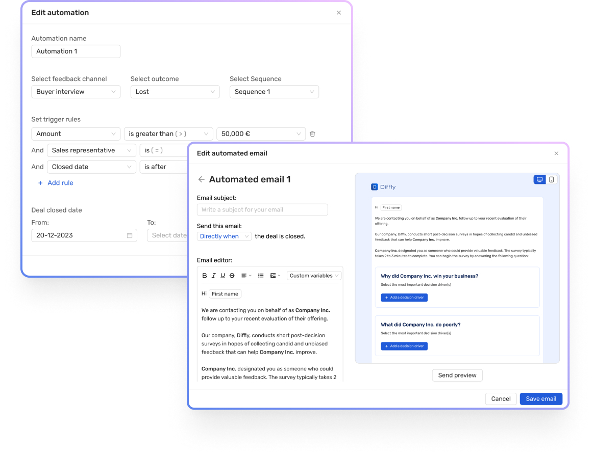 Vue d’ensemble de la plateforme d’analyse win-loss de Diffly - personnalisez les règles de déclenchement et modifiez les séquences d’envoi