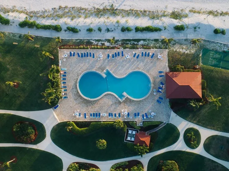 image of a drone shot with a swimming pool.
