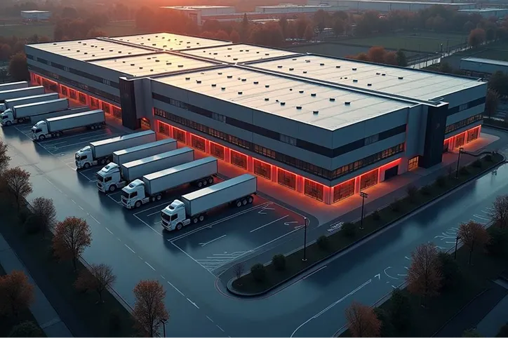 Aerial view of a large modern warehouse with several loading docks and five white semi-trailer trucks parked alongside at dusk.