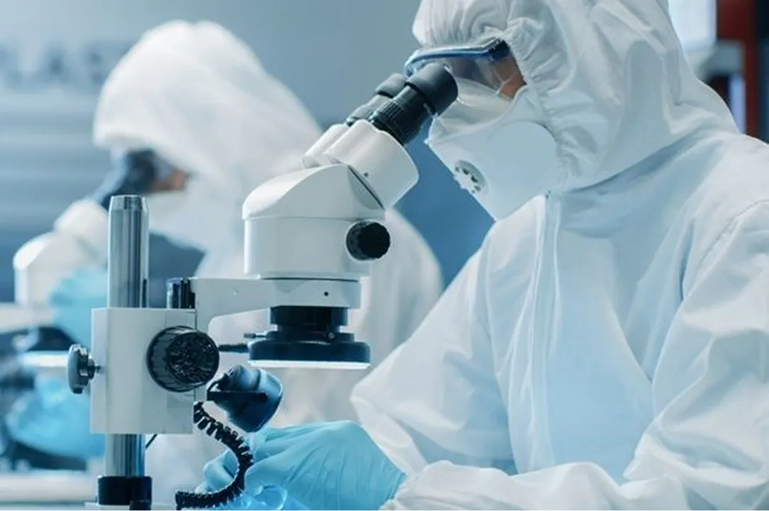 Scientists in full protective suits and masks working with microscopes in a laboratory.