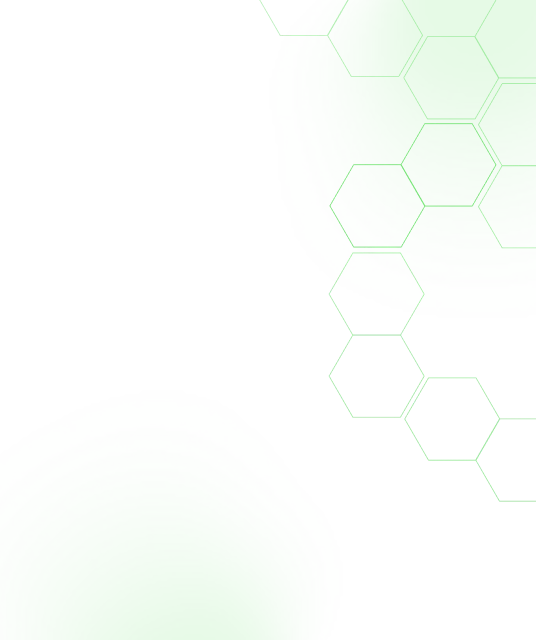 Abstract green organic shapes with grey hexagonal outlines on a black background.
