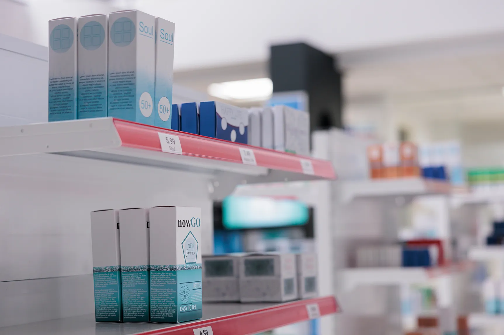 Shelf in a store displaying boxes of products labeled Soul and nowGO with price tags on red shelf edges.
