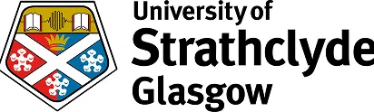 University of Strathclyde Glasgow logo with a shield featuring a book, wavy lines, and white symbols on red and blue backgrounds.