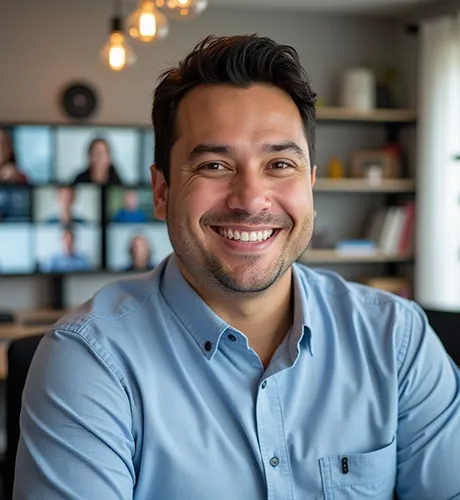 Smiling man in a light blue shirt sitting in a modern office with blurred background of shelves and monitors.