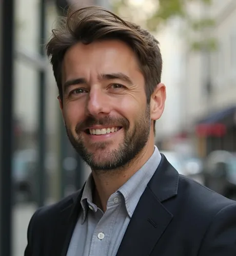 Smiling man with short brown hair and beard wearing a dark blazer and light gray shirt standing outdoors in an urban setting.