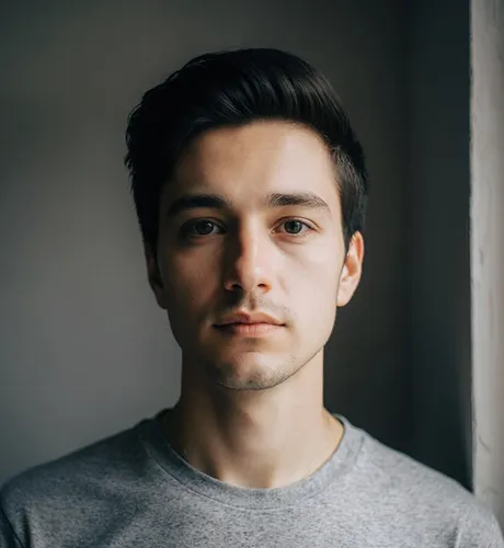 Portrait of a young man with dark hair wearing a gray shirt, looking directly at the camera against a neutral background.