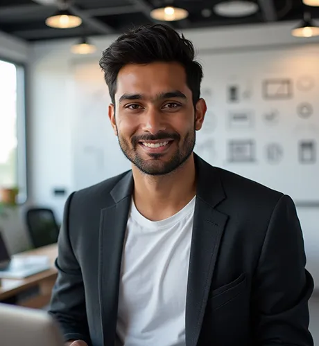 Smiling man with dark hair and beard wearing a black blazer and white shirt in a bright office setting.