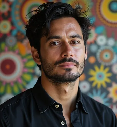 Portrait of a man with dark hair and beard wearing a black shirt, standing in front of a colorful floral patterned background.