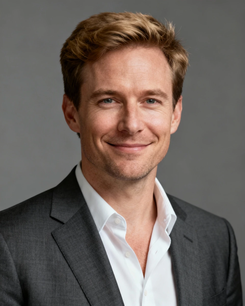 Smiling man with blonde hair in a dark gray suit and white shirt on a gray background.