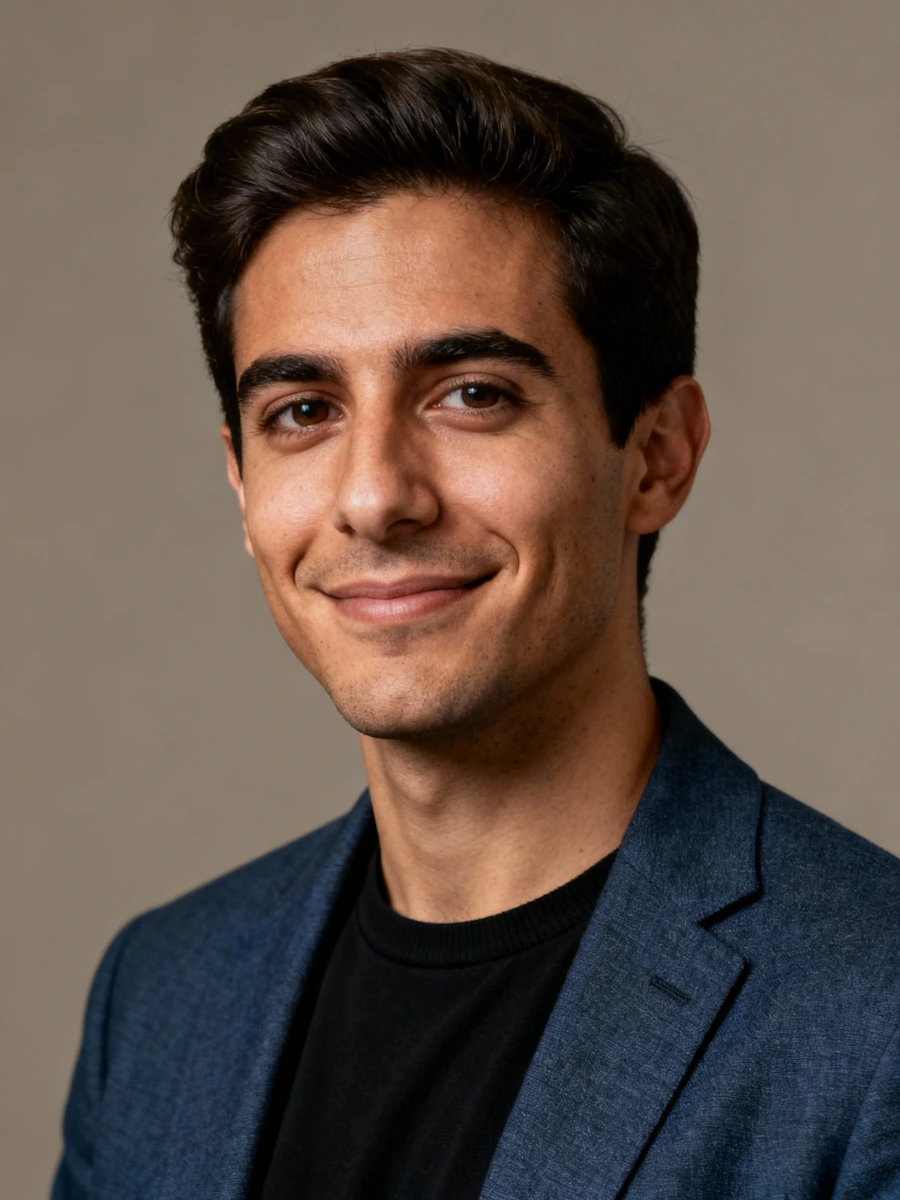 Smiling young man with dark hair wearing a blue blazer and black shirt on a neutral background.