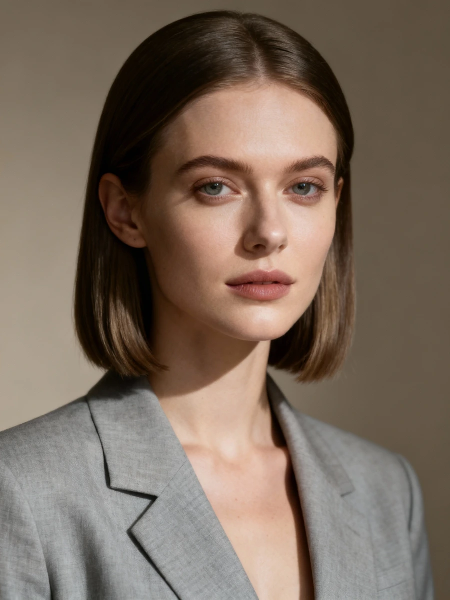 Young woman with shoulder-length brown hair in gray blazer against neutral background.