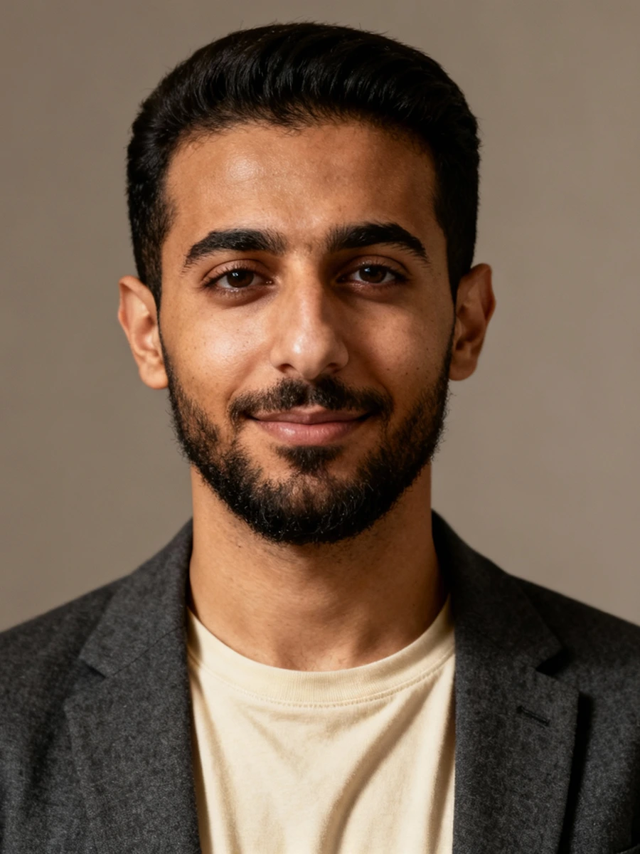Portrait of a man with dark hair and beard wearing a gray blazer and light beige shirt.