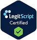 LegitScript Certified badge with a green checkmark on a dark blue hexagon background.