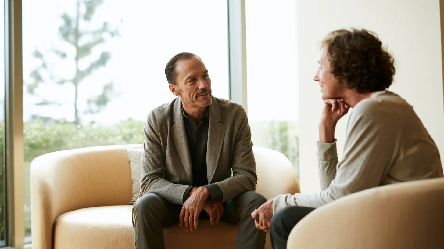 Two people seated on beige armchairs facing each other by a window, engaged in a conversation in a bright room.