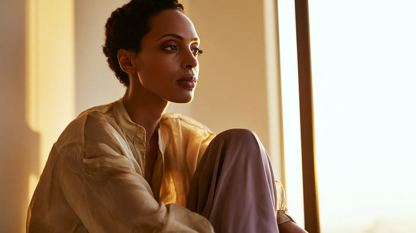 Contemplative woman with short curly hair sitting by a window with sunlight softly illuminating her face and casting shadows on the wall behind her.