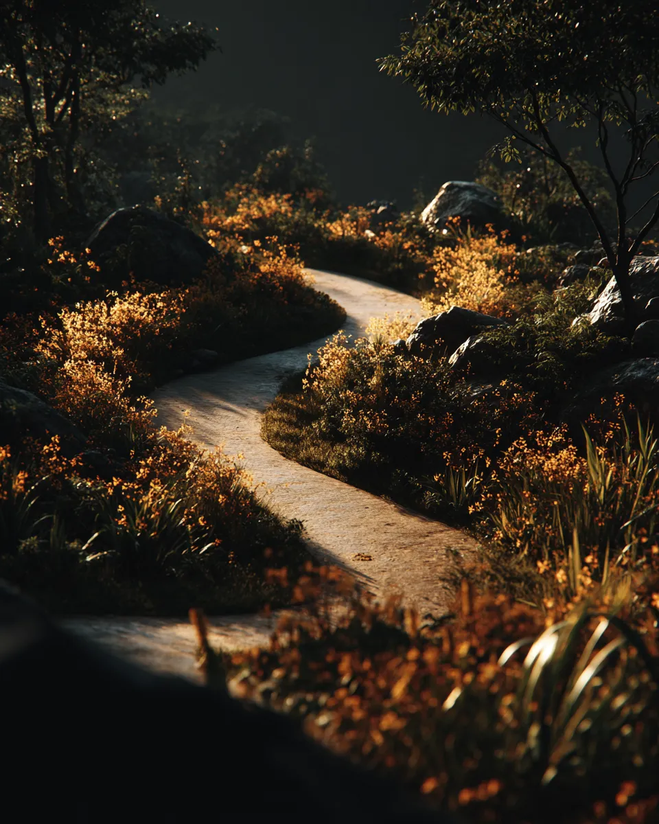 Winding garden path lit by warm sunlight through dark foliage, symbolizing a new way forward when medication hasn't worked.
