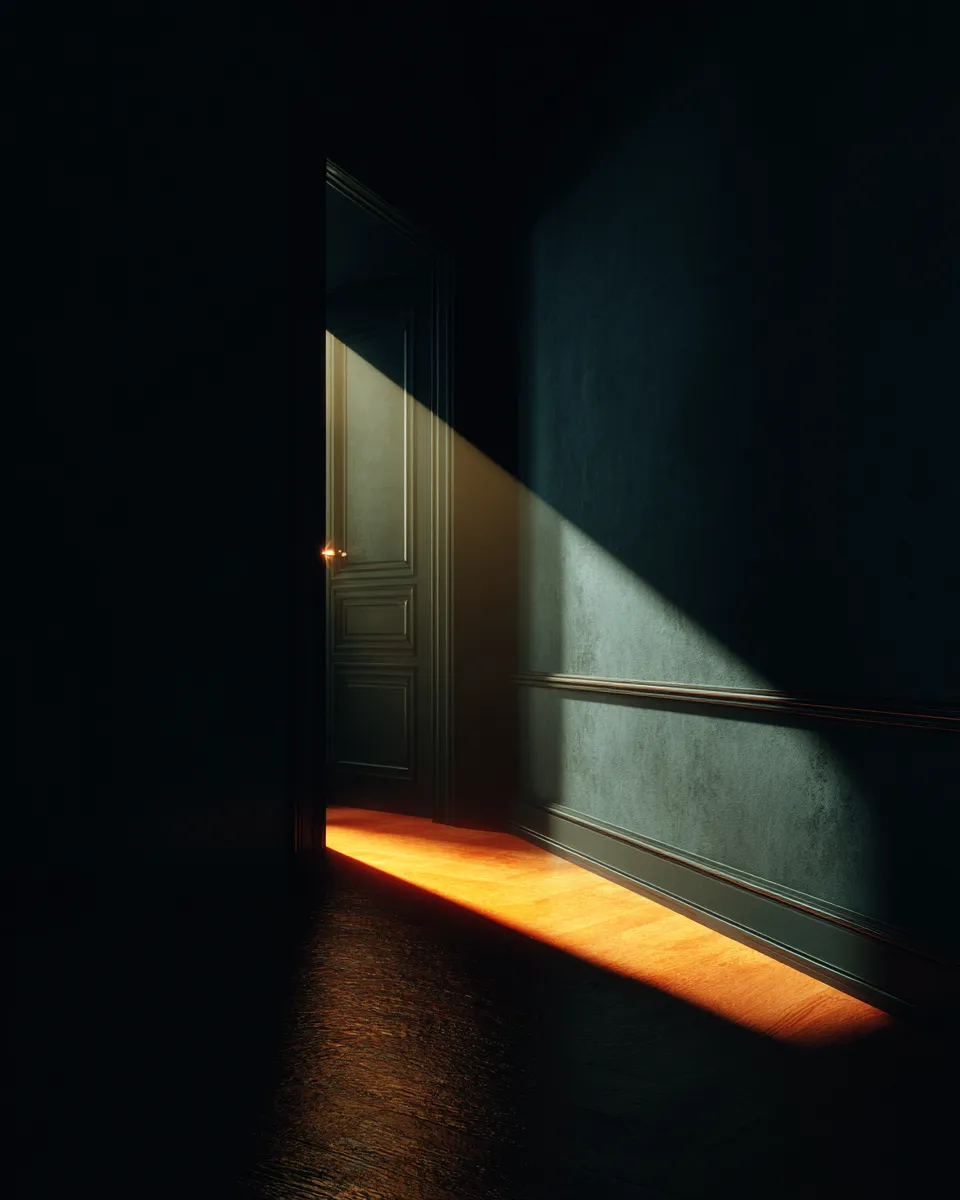A focused beam of warm light shining through a partly open door into a dark hallway, illustrating TMS as a targeted, focal treatment.