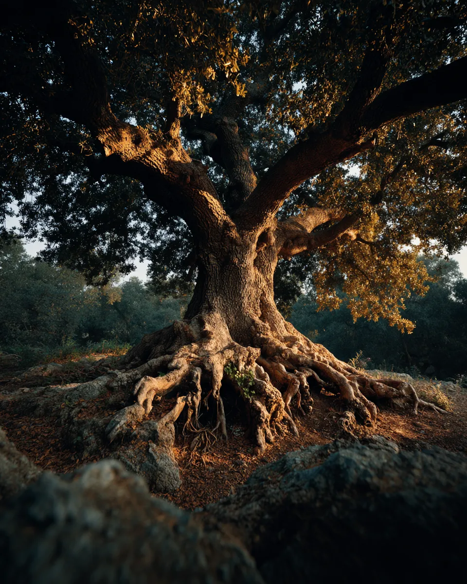 Old oak tree with deep, sprawling roots in golden light, symbolizing lasting results from a finite TMS course.