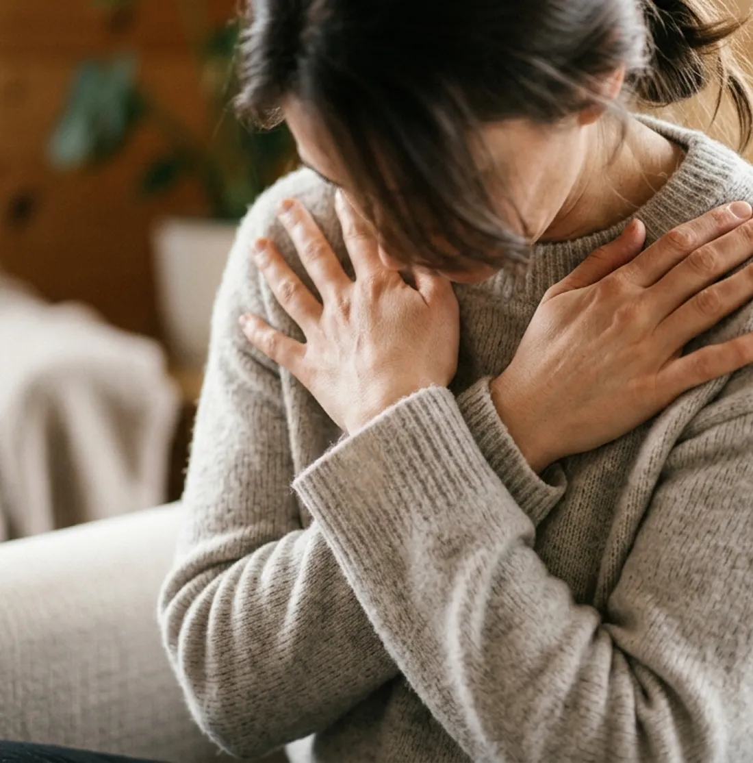 Person in a soft gray sweater crossing their arms over their chest and looking downward, with a blurred background including a plant.