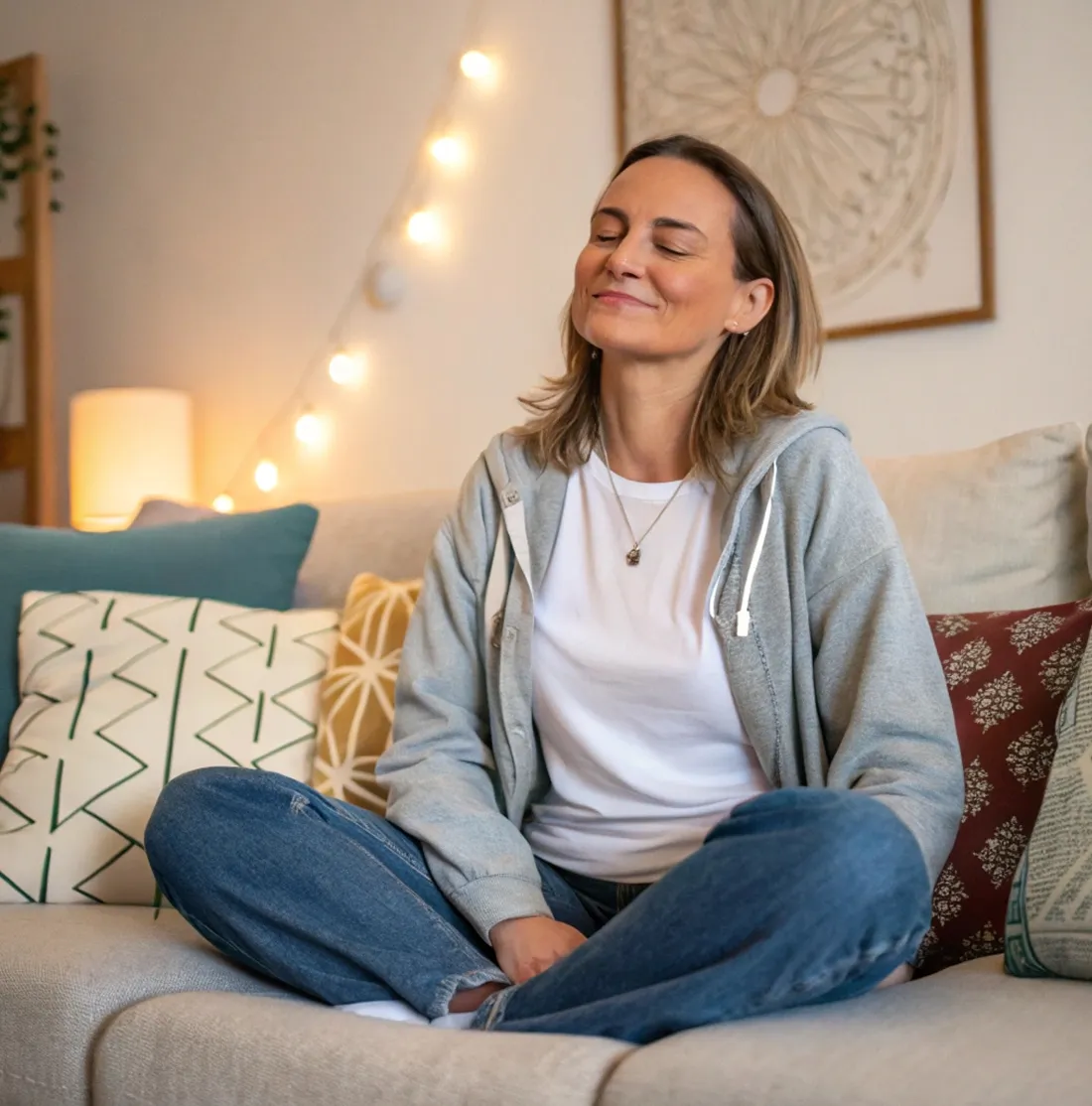 Woman sitting cross-legged on a couch with a relaxed smile and closed eyes, surrounded by patterned cushions and warm ambient lighting.