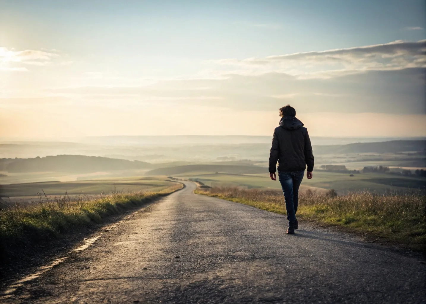 Person wearing a dark jacket and jeans walking alone on a winding road through open countryside under a cloudy sky at sunset or sunrise.