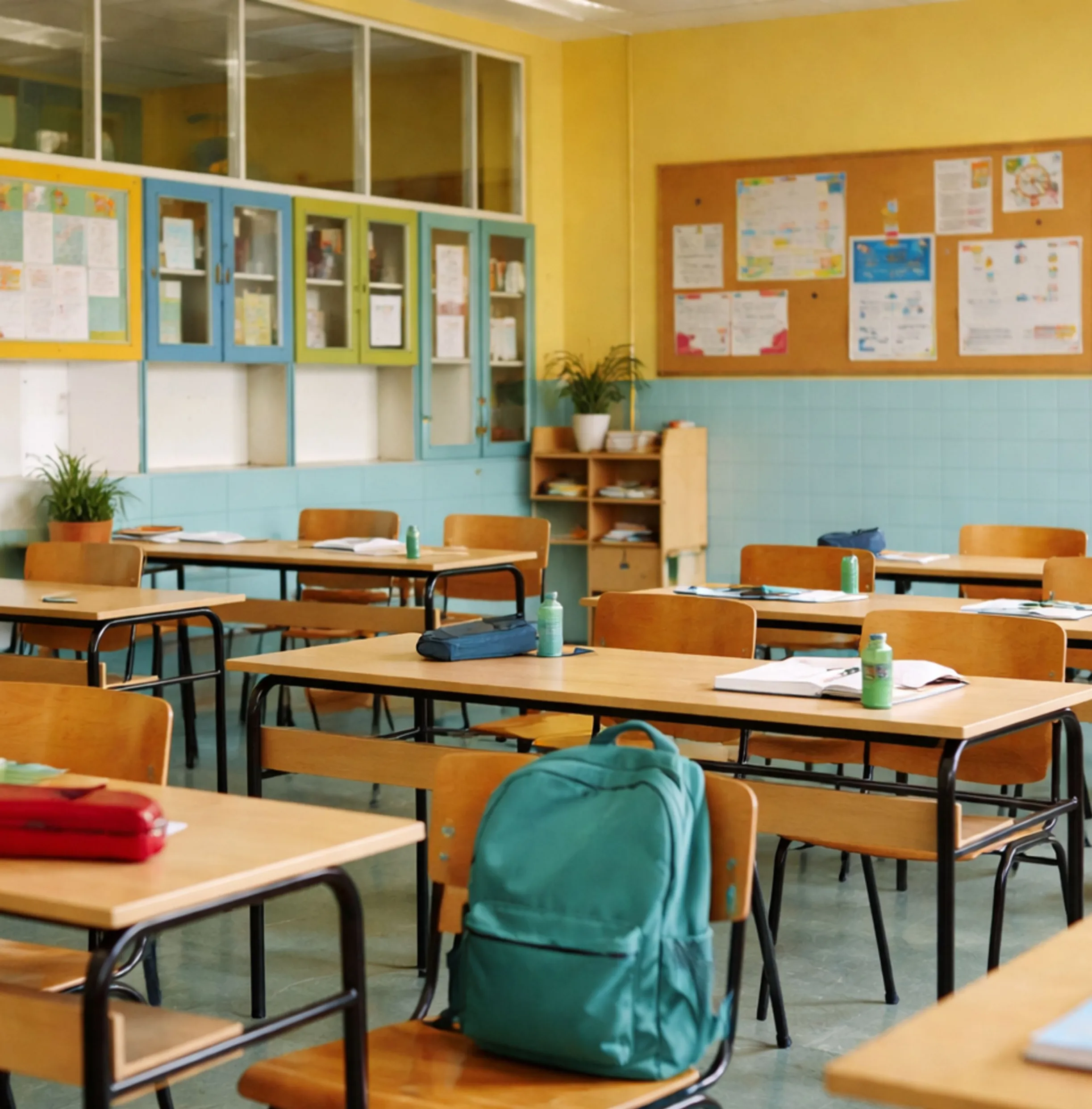 Empty classroom with wooden desks and chairs arranged in rows, some desks have open books, pencil cases, and green water bottles, a teal backpack hangs on a chair in the foreground, colorful cabinets and bulletin boards are on the walls.