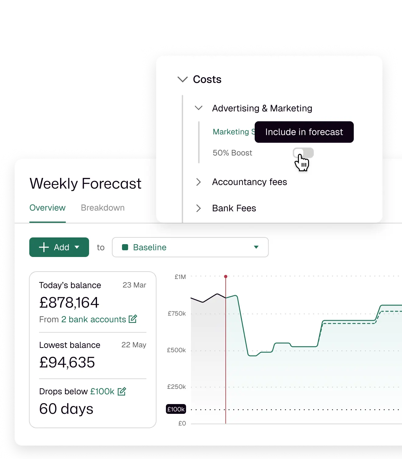 Product screenshot of Float's scenario planning for finance teams