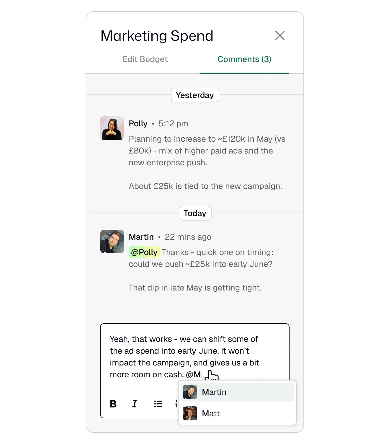Product screenshot of Float's collaboration feature for finance teams