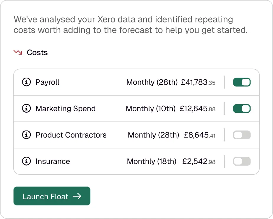 Product screenshot of Float's intelligent suggestions feature