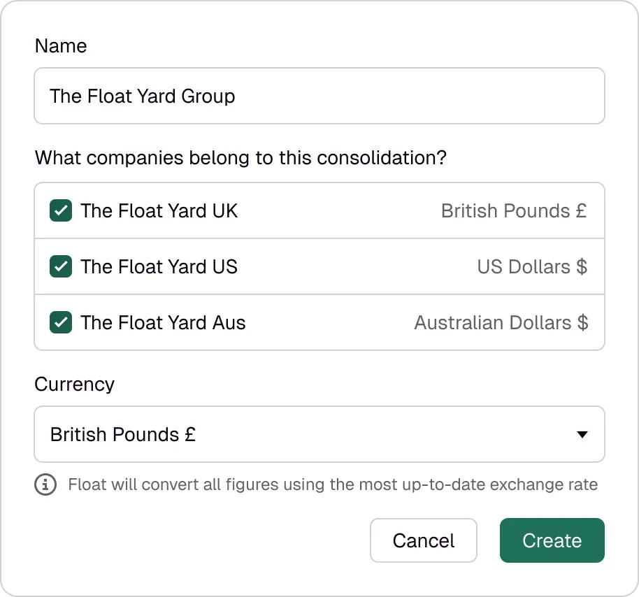 Product screenshot of Float's multi-entity consolidation feature