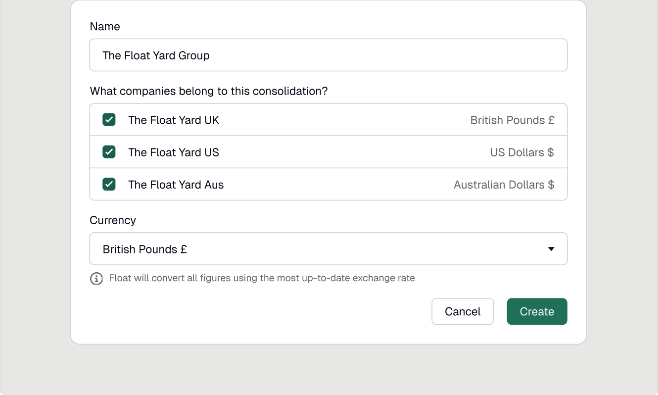 Product screenshot of Float's multi-entity consolidation feature
