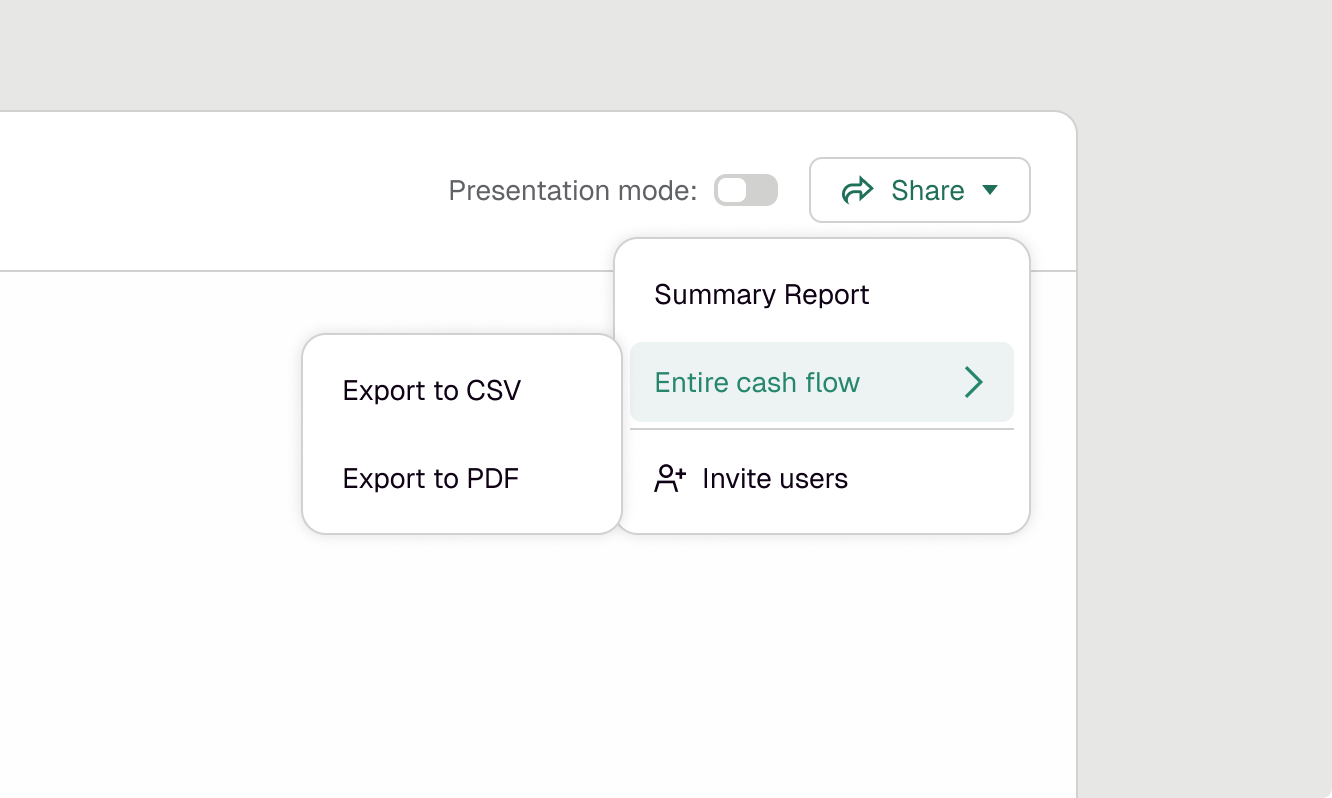 Product screenshot of Float's reporting feature with CSV and PDF export