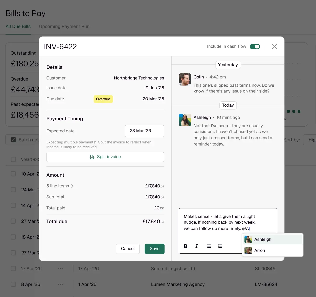 Screenshot of Float's collaboration feature showing tagging a teammate and adding a comment