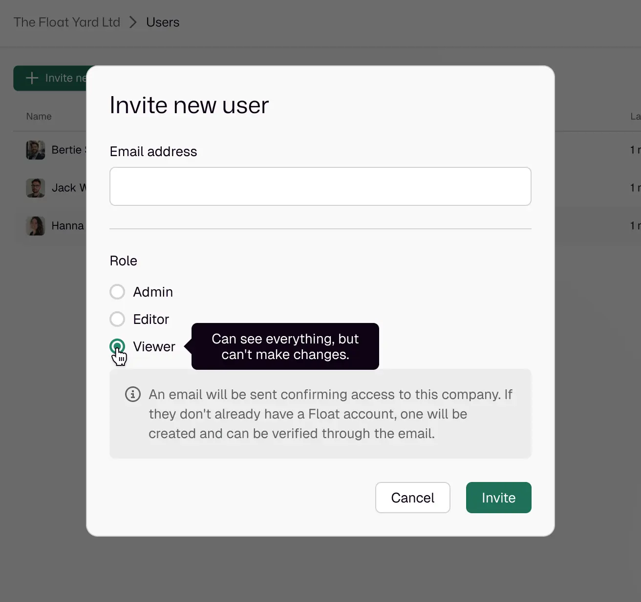 Screenshot of Float's collaboration feature showing inviting users