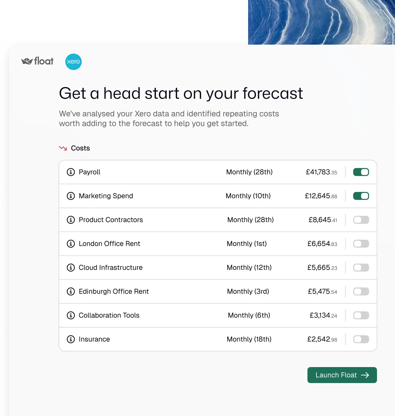 Product screenshot of Float syncing with Xero
