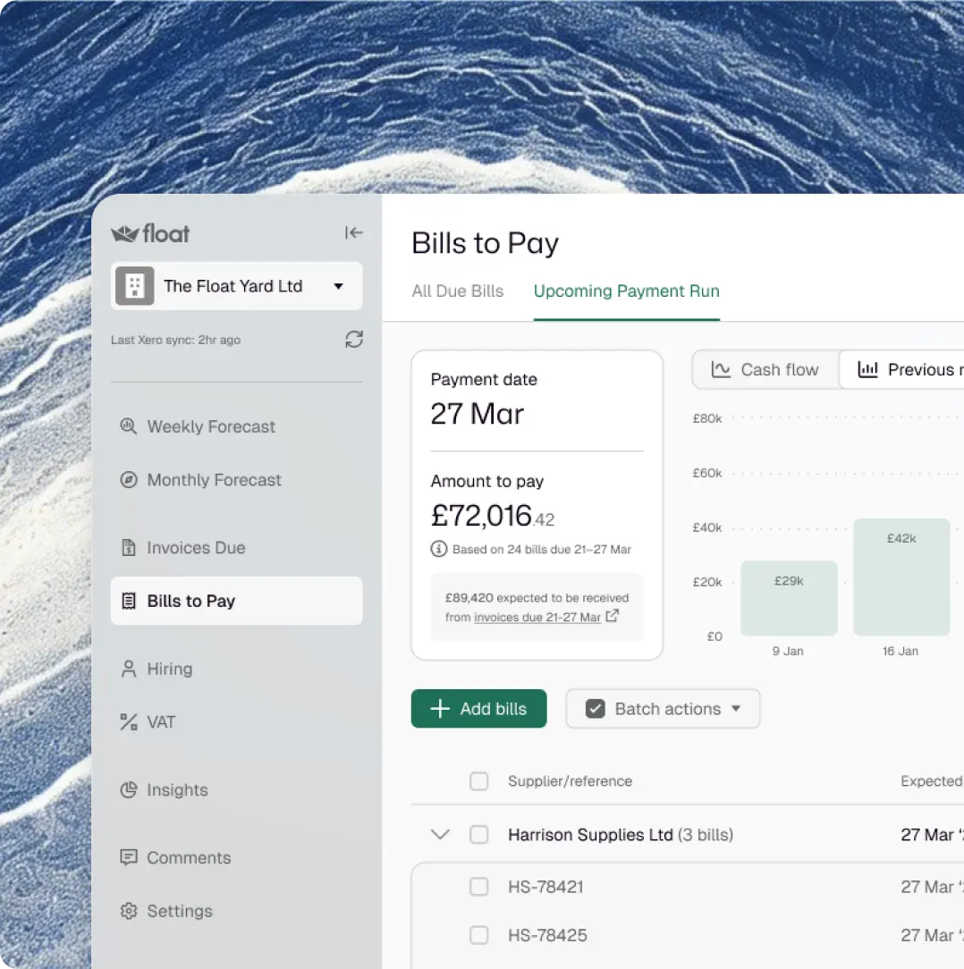 Screenshot of Float's cash flow forecast dashboard