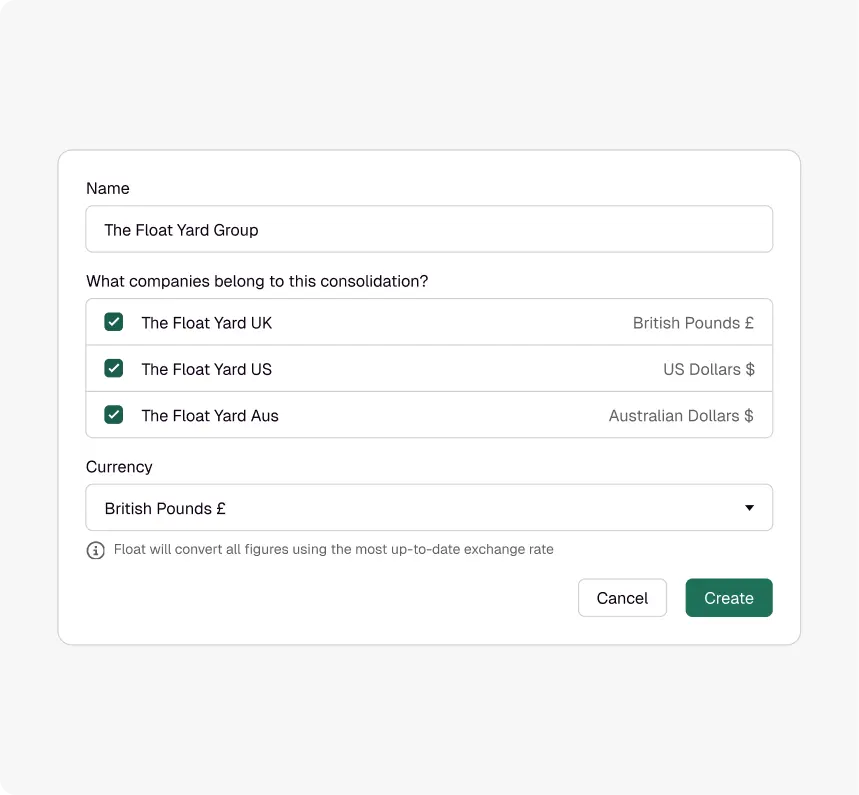 Screenshot of Float's multi-entity consolidation feature