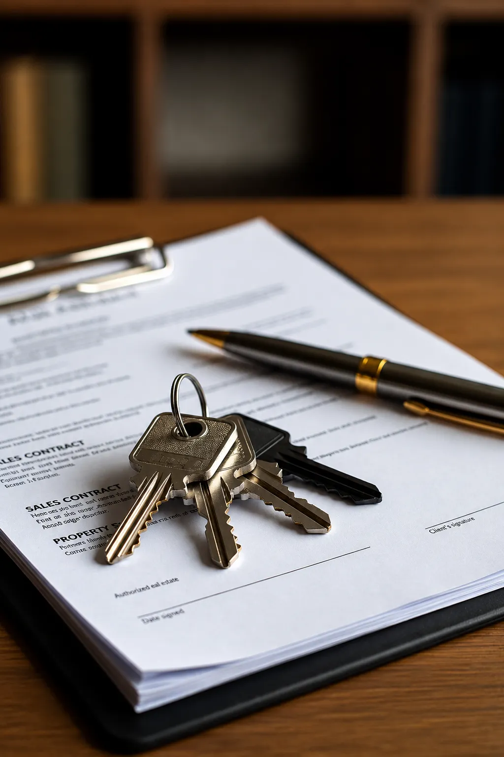 A set of house keys and a pen resting on a signed sales contract on a wooden table.