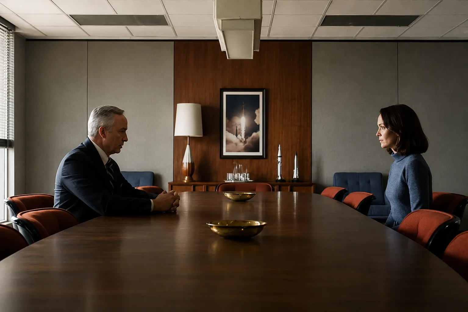 Man and woman in a formal meeting seated across a large wooden conference table in an office.