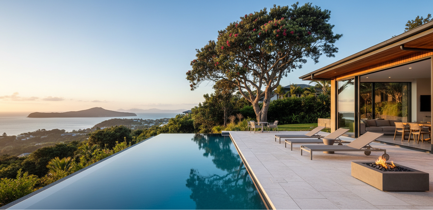 Modern house patio with lounge chairs, fire pit, infinity pool, large tree, and ocean view at sunset.