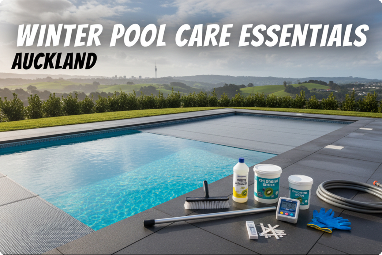 Outdoor pool with winter care supplies including chemicals, brush, gloves, and testing kit on the deck.