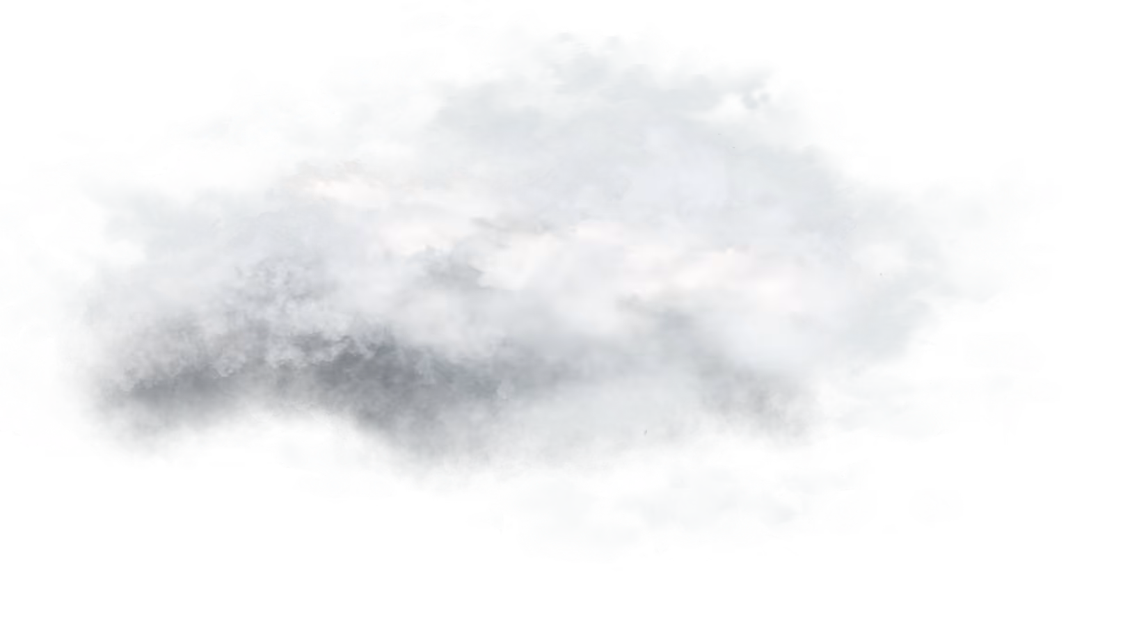 A white and gray cloud with soft, fluffy edges on a transparent background.