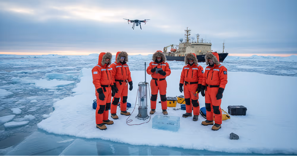 Six researchers in orange cold-weather gear operating a drone on ice near an icebreaker ship.