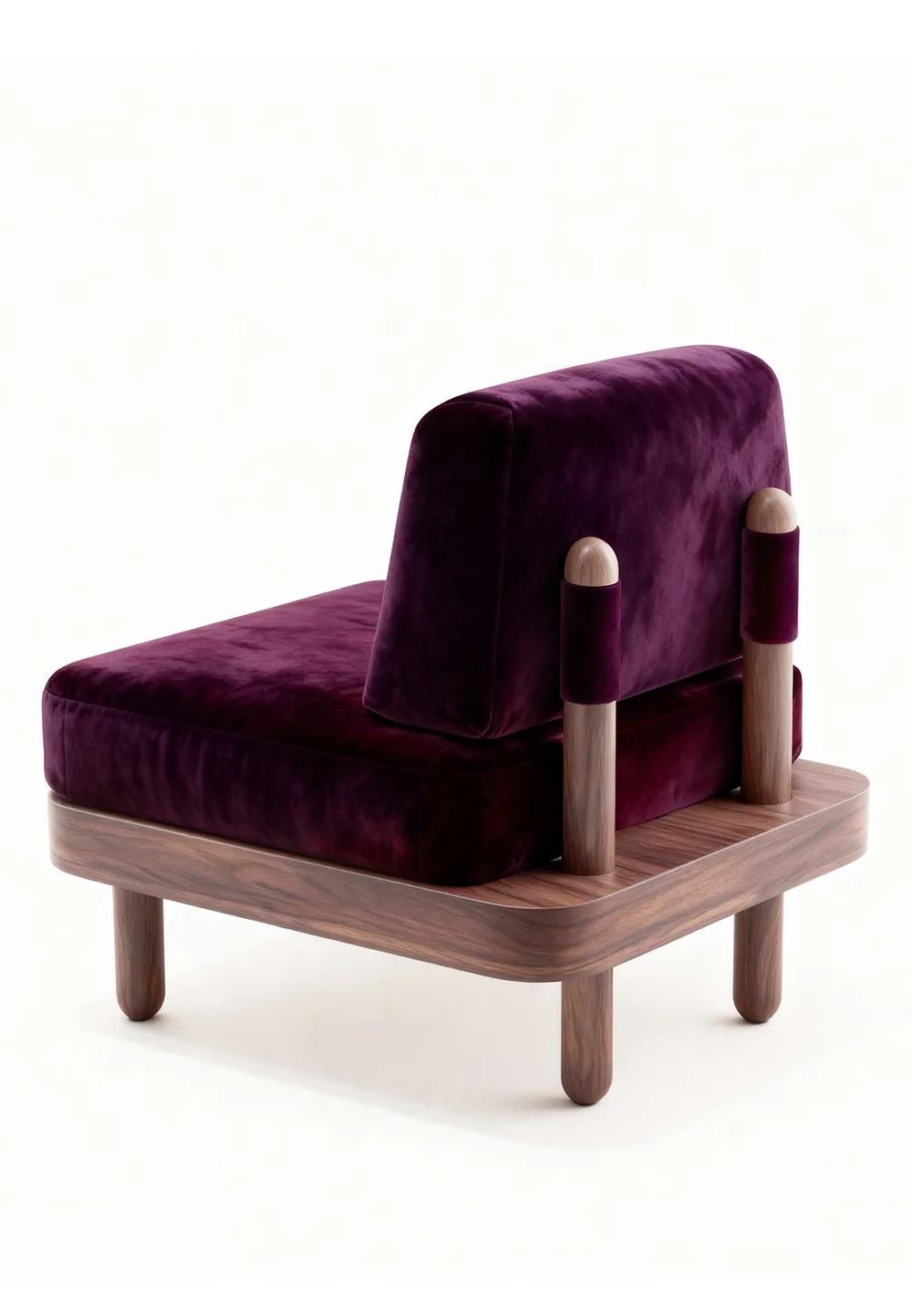 Chauffeuse Lukan de Christian Signorel, velours de coton et chêne massif teinté noyer, coloris Aubergine