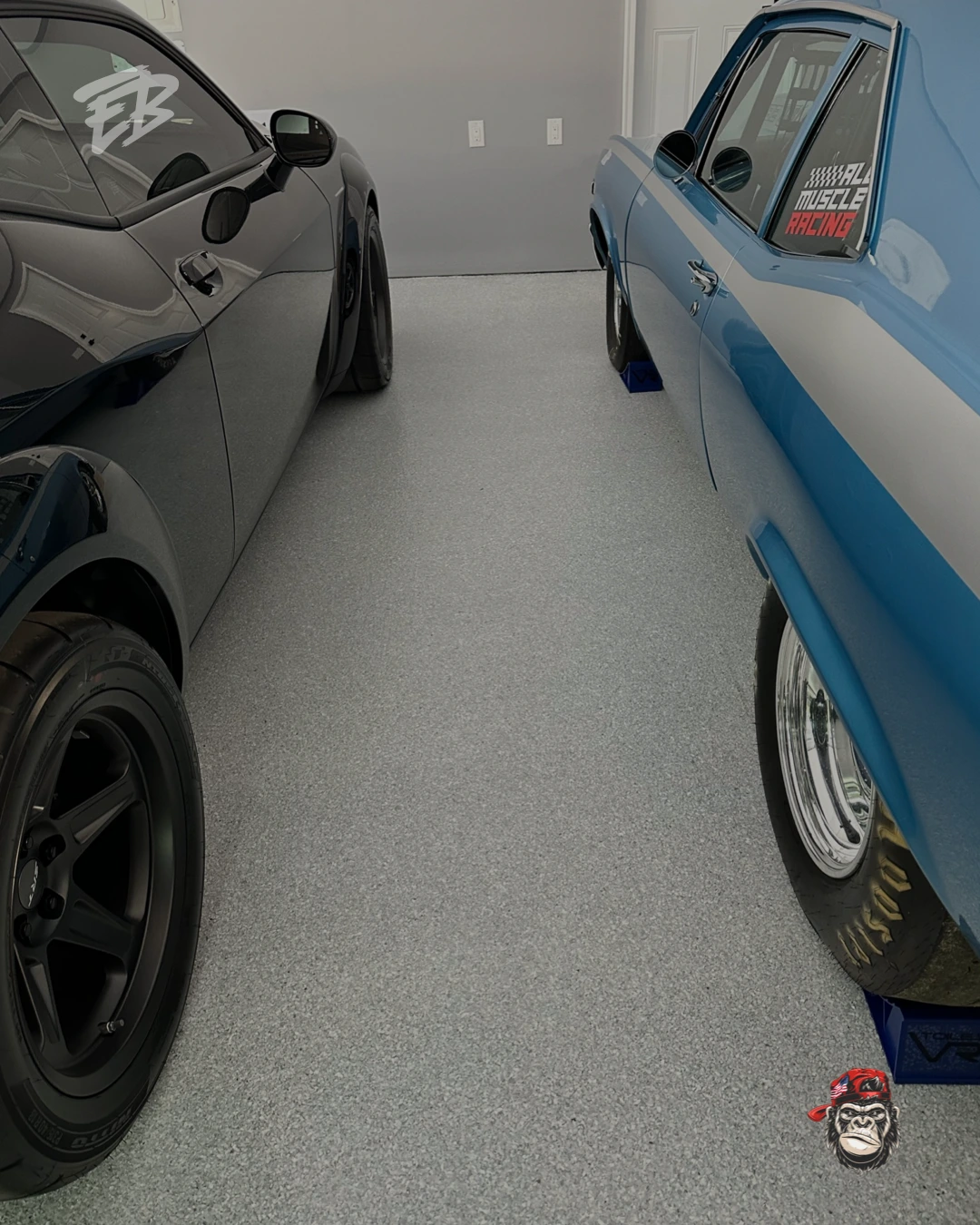 Completed full flake garage floor coating system designed for daily residential use.