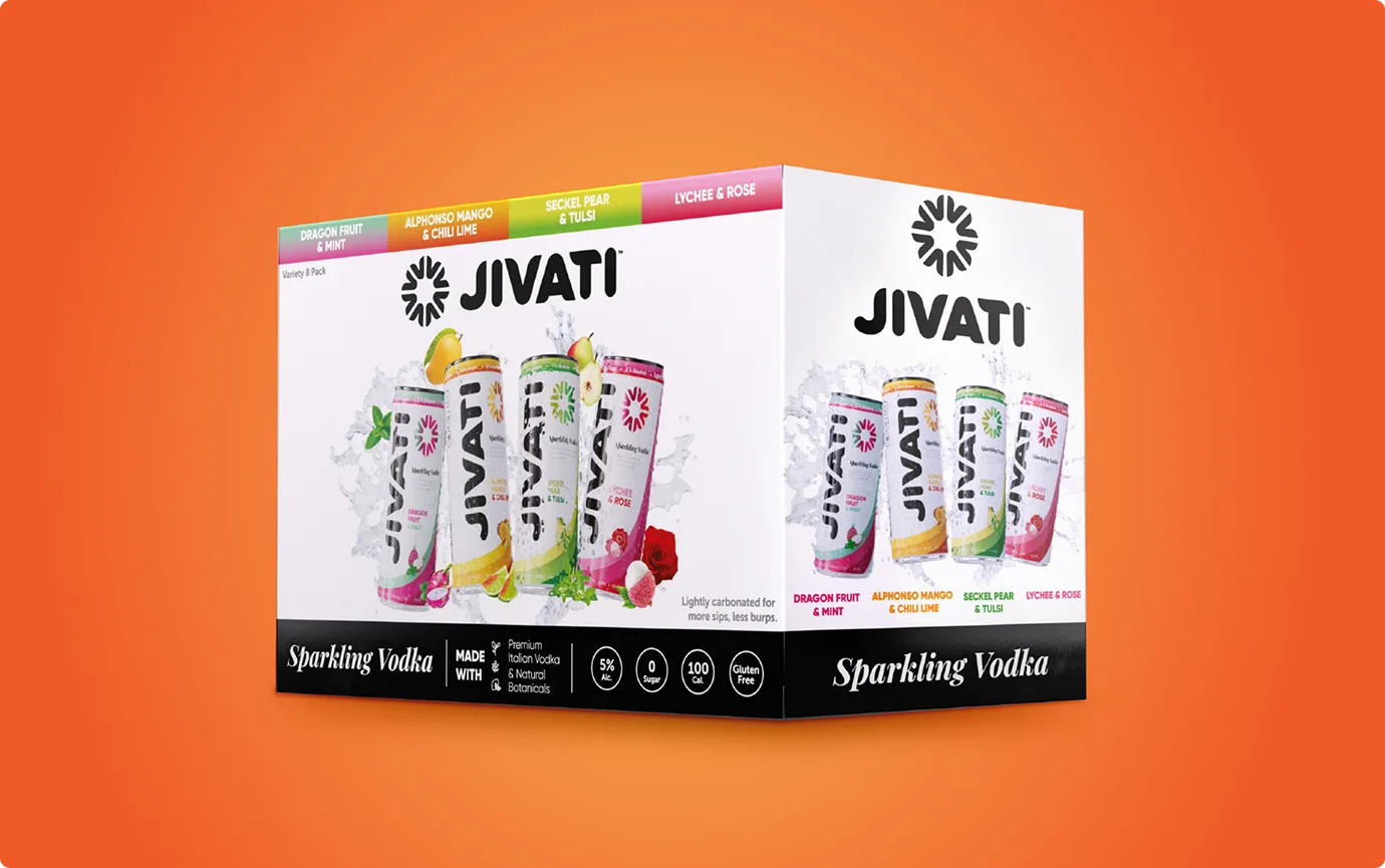 Jivati sparkling vodka variety pack box on an orange background