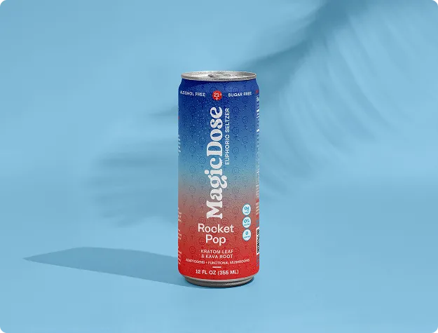 Magic Dose Rocket Pop can on a light blue background