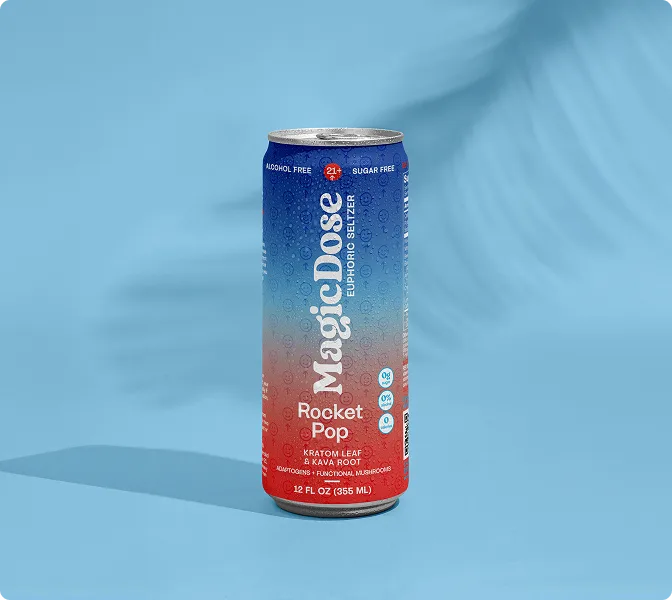 Magic Dose Rocket Pop can on a light blue background