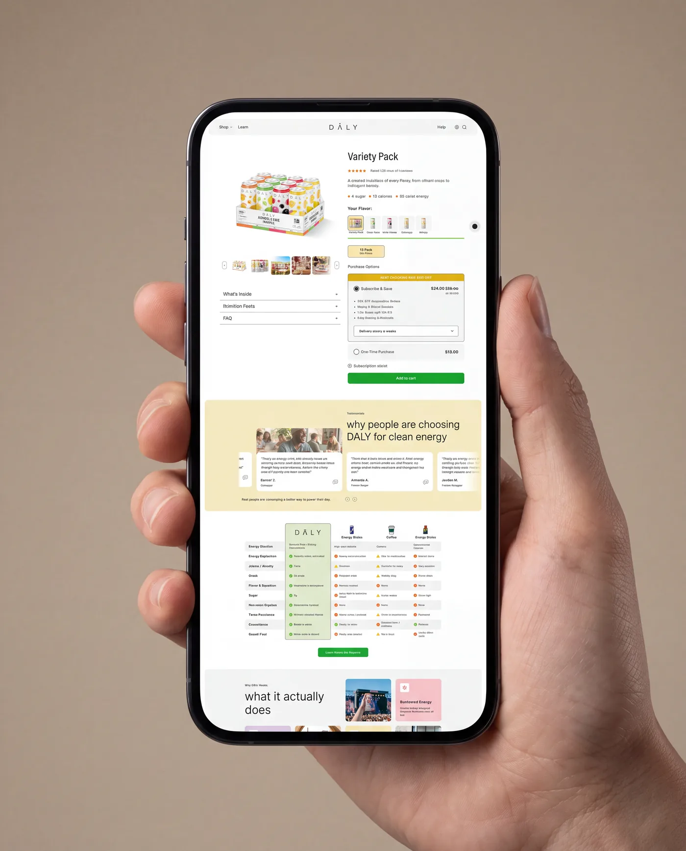 DALY mobile product page with reviews and comparison chart