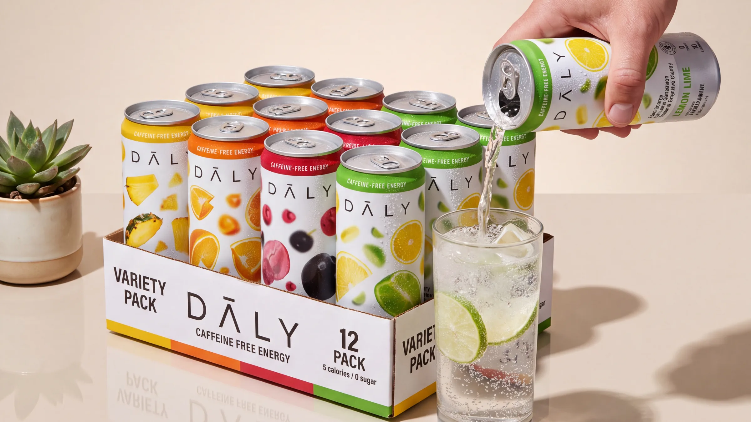 DALY 12-pack variety box with a can poured over ice